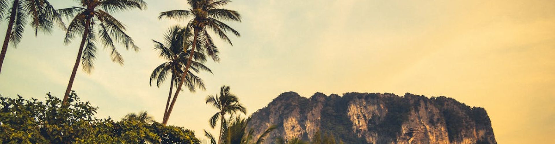 Scenic view of towering limestone cliffs and palm trees in Krabi, Thailand at sunset.